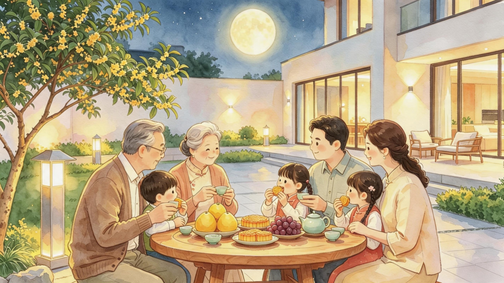 中秋家人赏月儿童画人物插画