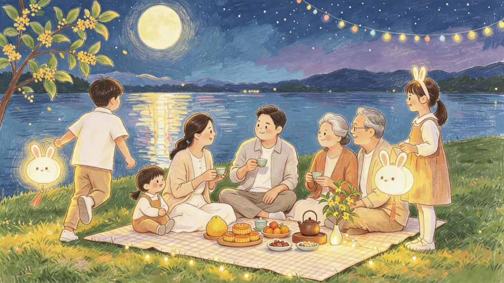 中秋家人赏月儿童画人物插画