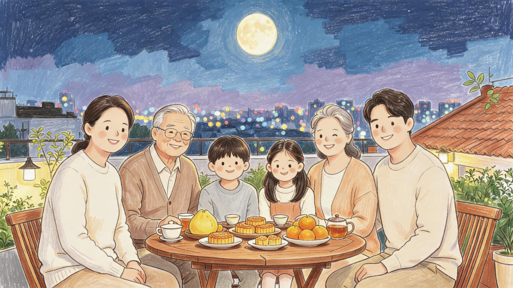 中秋家人赏月儿童画人物插画