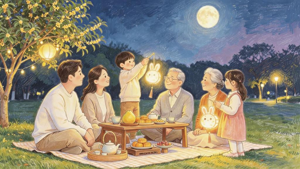 中秋家人赏月儿童画人物插画