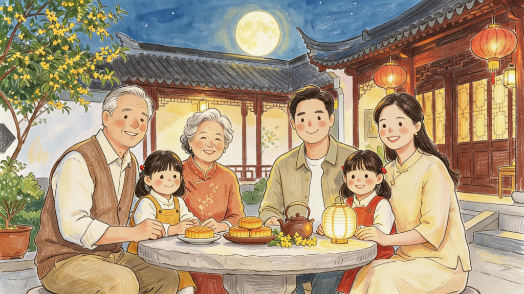 中秋家人赏月儿童画人物插画
