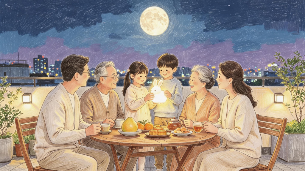中秋家人赏月儿童画人物插画