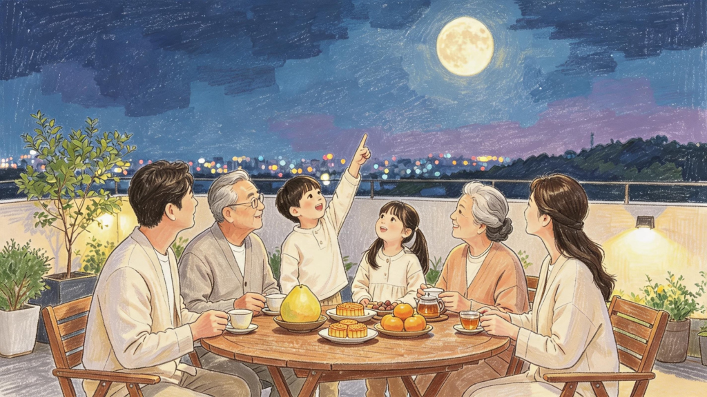 中秋家人赏月儿童画人物插画