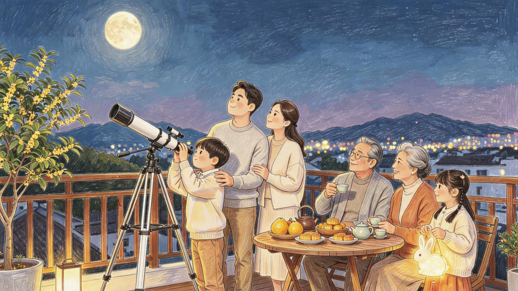 中秋家人赏月儿童画人物插画