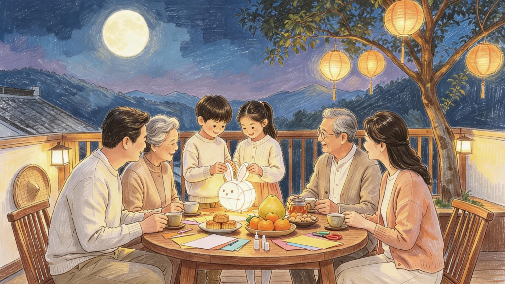 中秋家人赏月儿童画人物插画