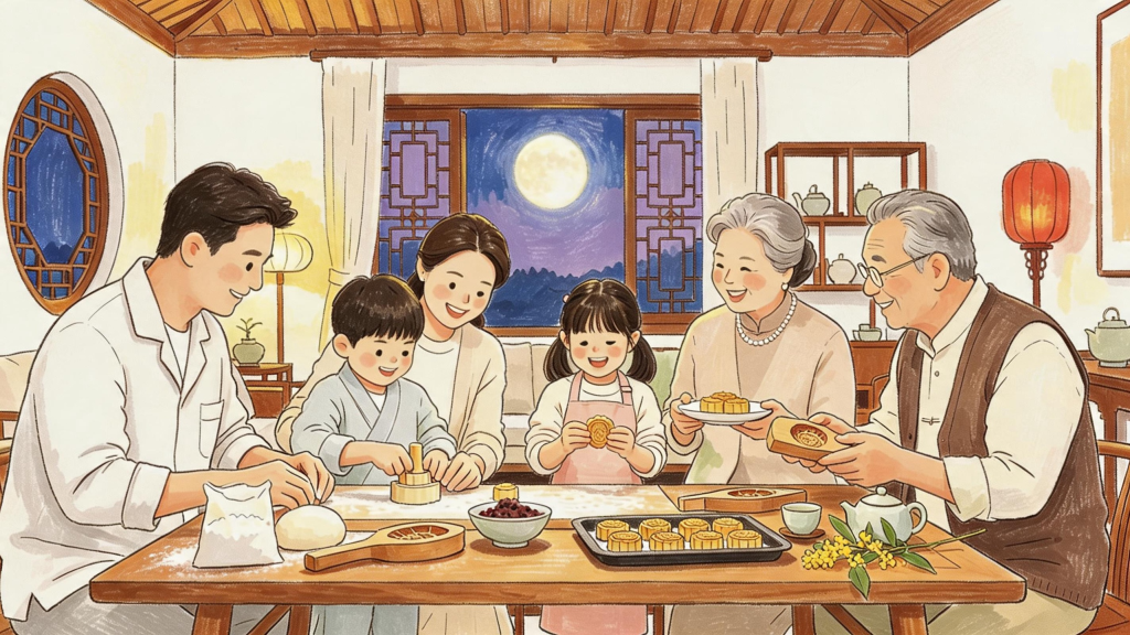 中秋家人赏月制作月饼儿童画人物插画