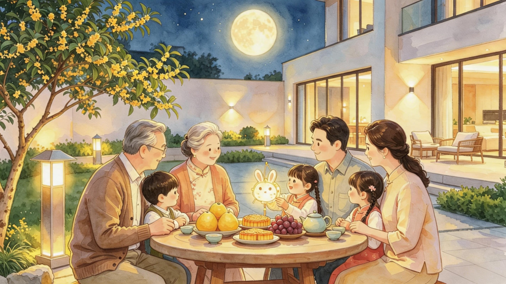 中秋家人赏月儿童画人物插画