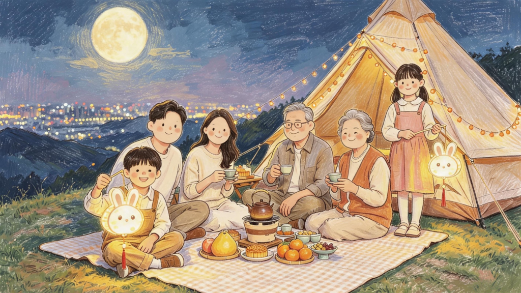 中秋家人赏月儿童画人物插画