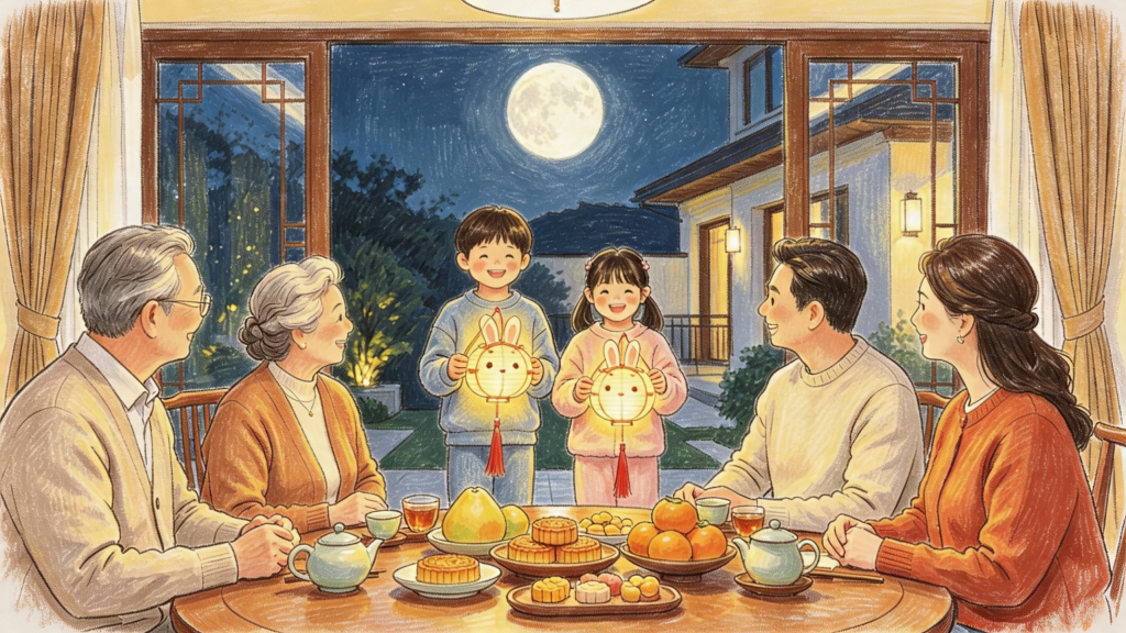中秋家人赏月儿童画人物插画