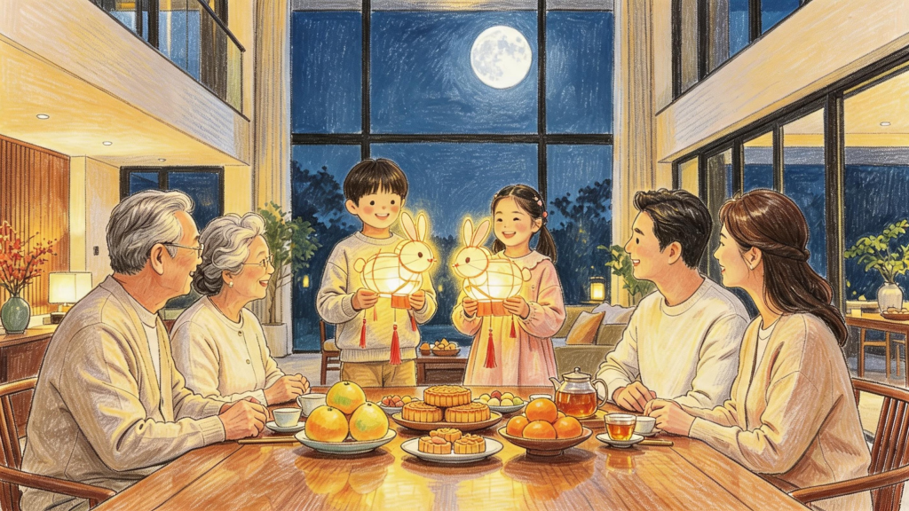 中秋家人团圆儿童画人物插画