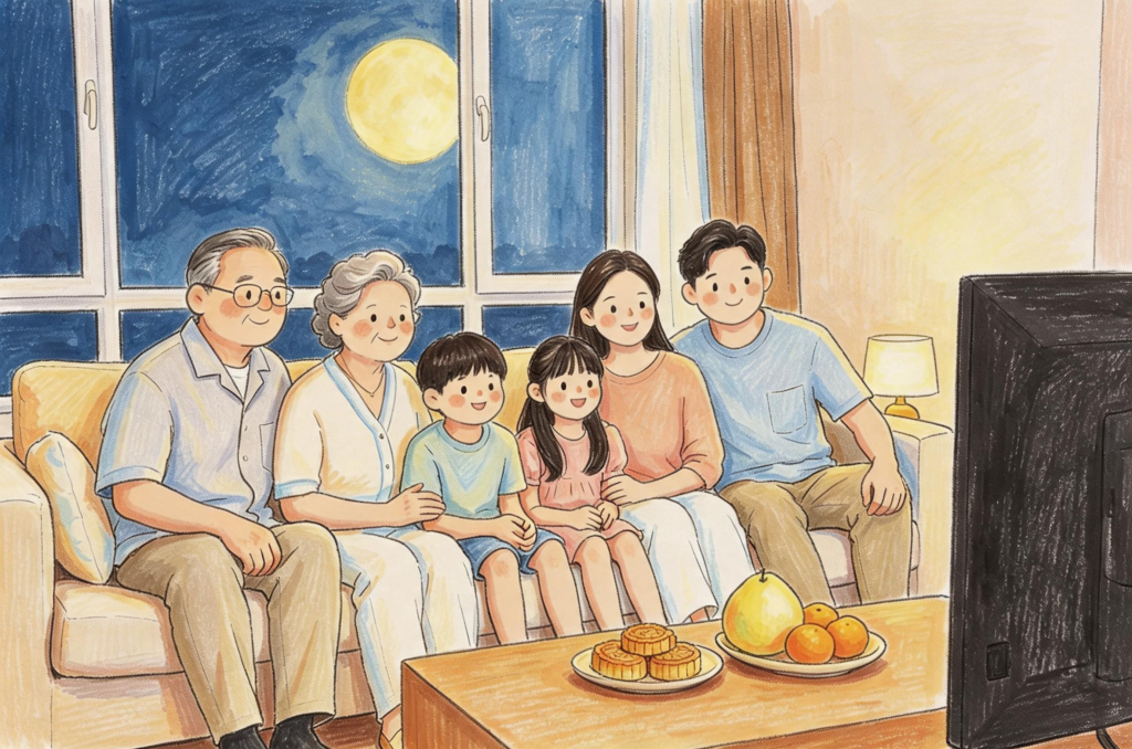 中秋家人团圆儿童画人物插画