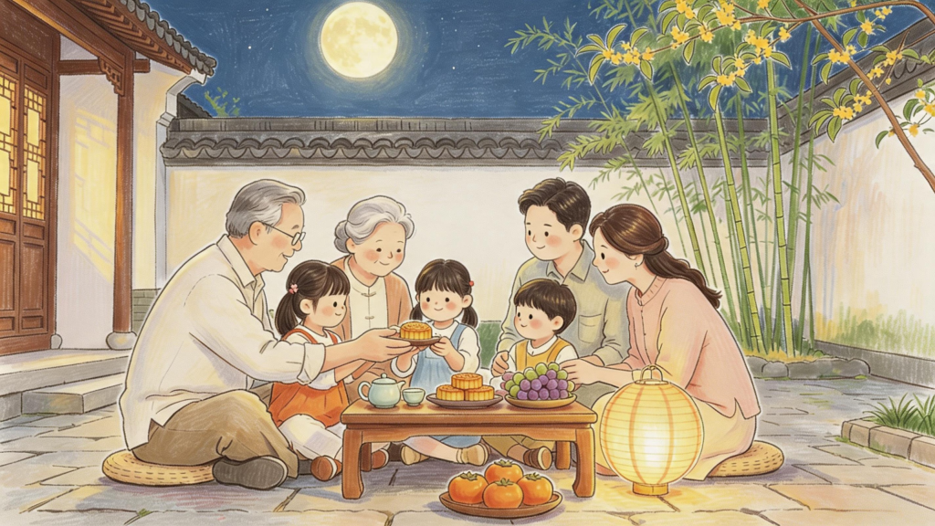 中秋家人团圆儿童画人物插画