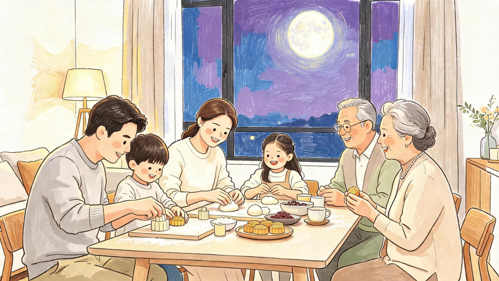 中秋家人团圆儿童画人物插画