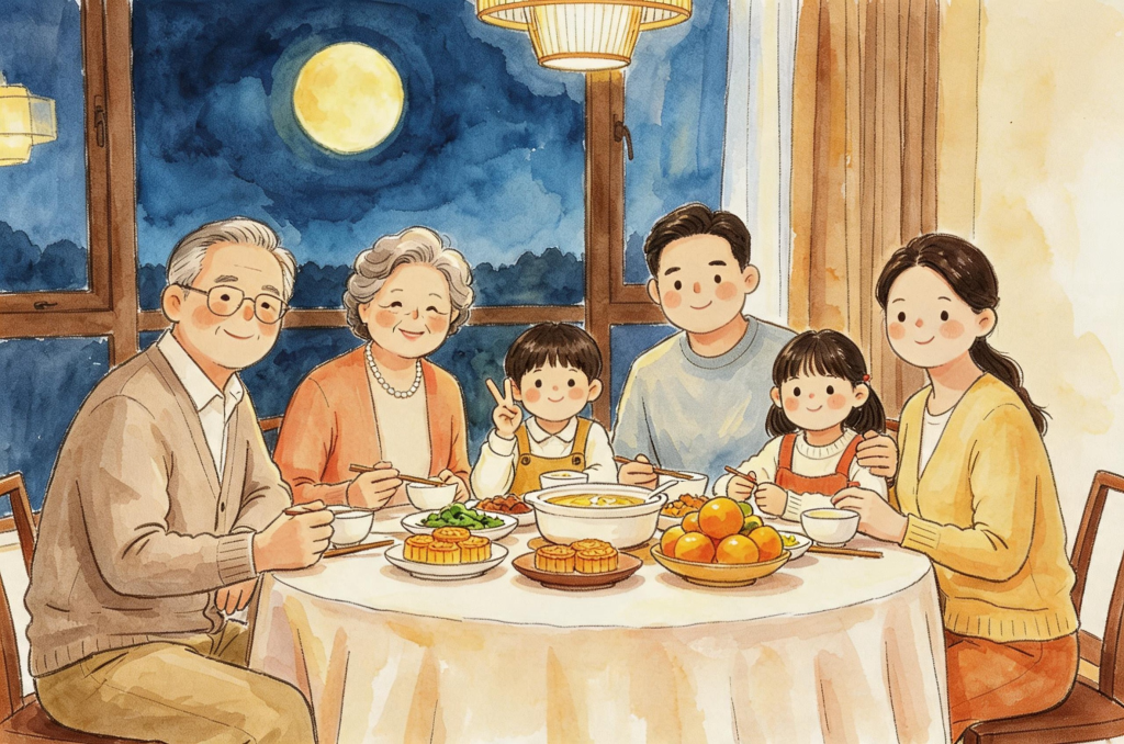 中秋家人团圆儿童画人物插画