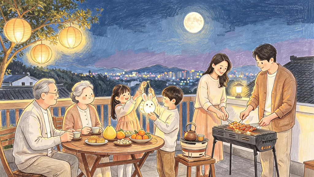 中秋烤肉烧烤家人团圆儿童画人物插画