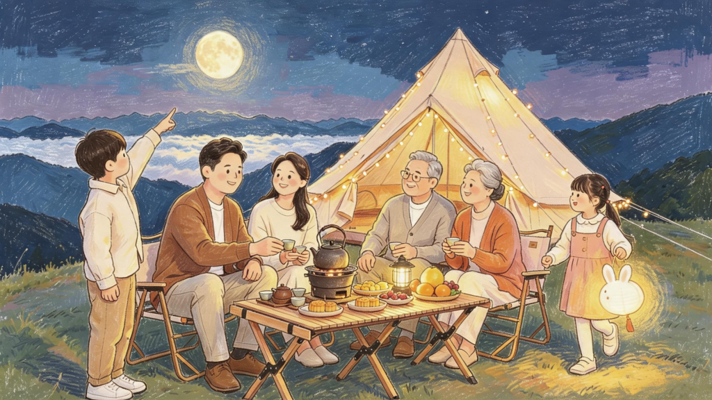 中秋家人团圆儿童画人物插画