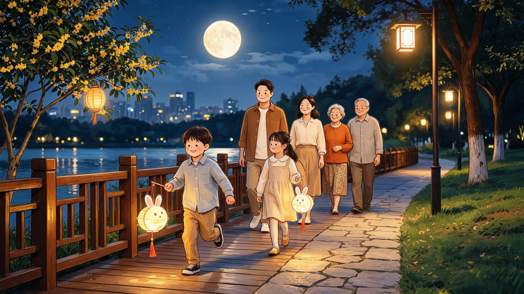 中秋家人团圆儿童画人物插画