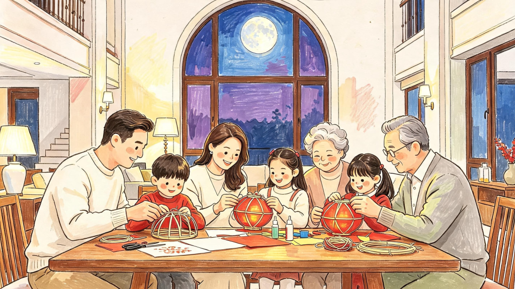 中秋家人团圆儿童画人物插画