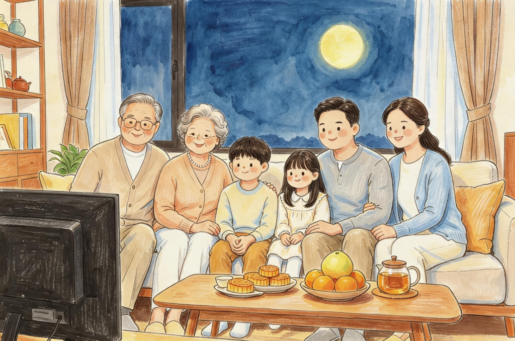 中秋家人团圆儿童画人物插画