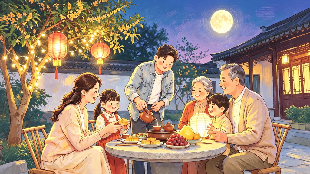 中秋家人团圆儿童画人物插画