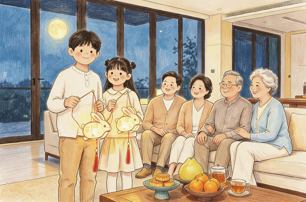 中秋家人团圆儿童画人物插画