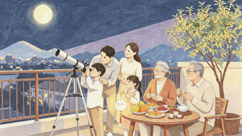 中秋家人团圆儿童画人物插画