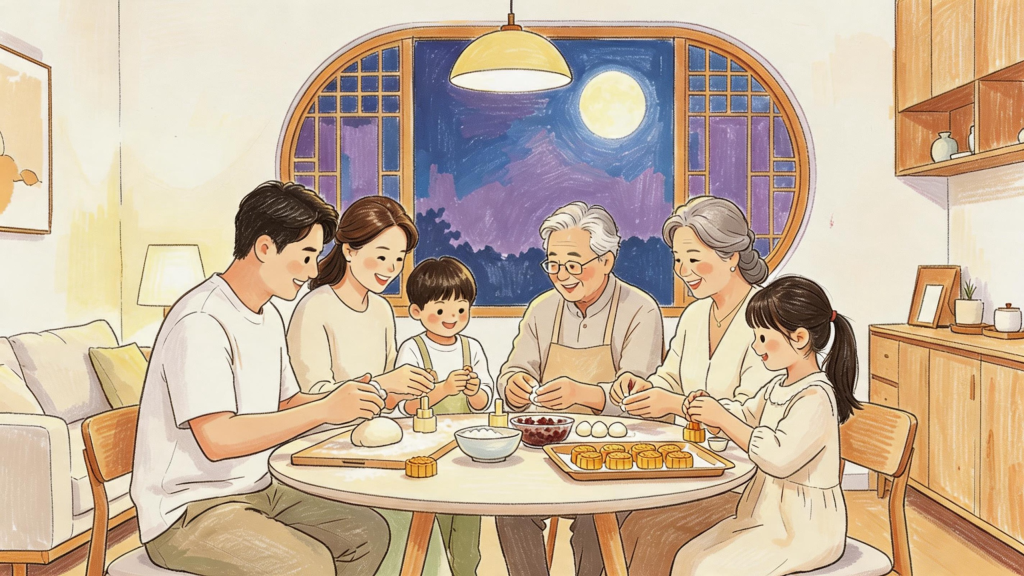 中秋家人团圆儿童画人物插画