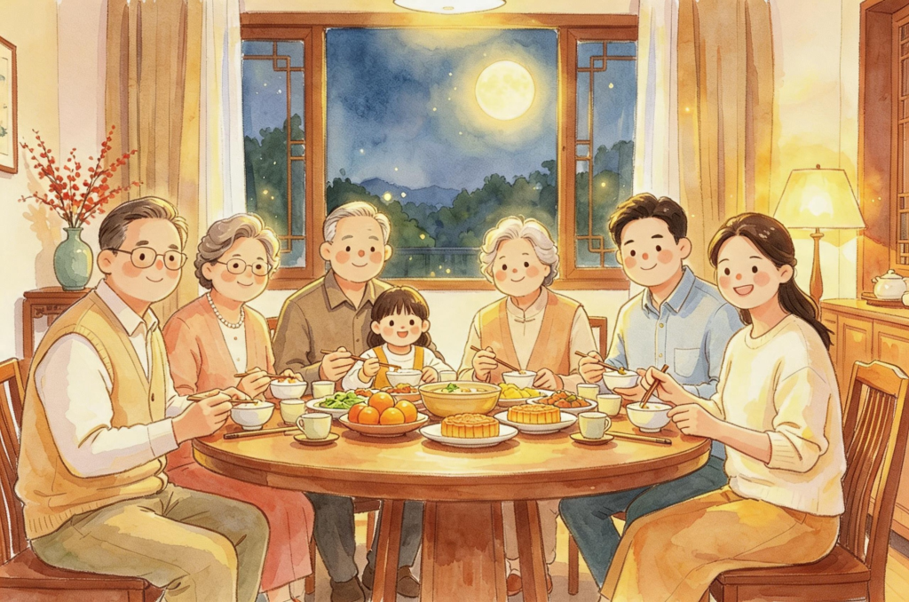 中秋家庭团圆儿童画人物插画