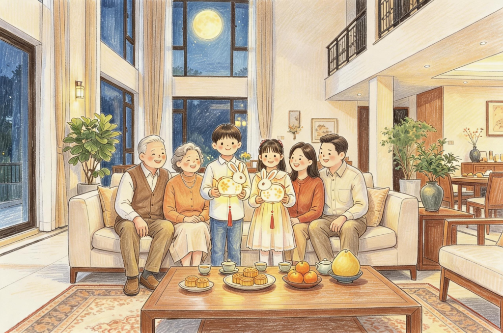 中秋家庭团圆儿童画人物插画