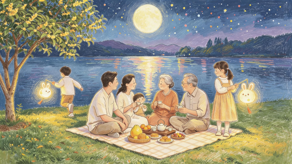 中秋家庭团圆儿童画人物插画