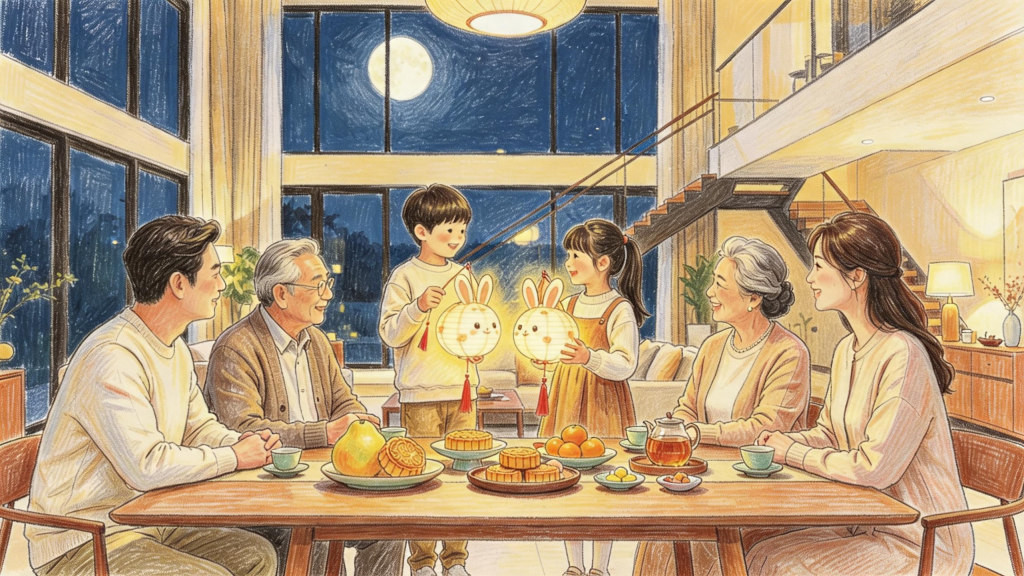中秋家庭团圆儿童画人物插画