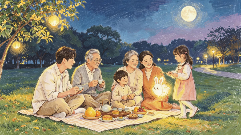 中秋家庭团圆儿童画人物插画