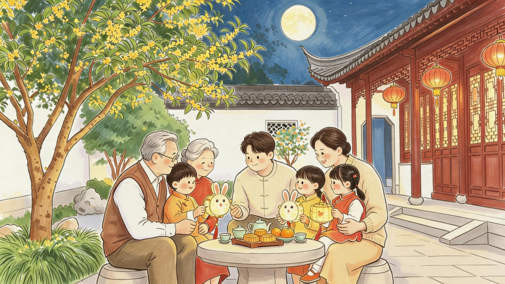 中秋家庭团圆儿童画人物插画