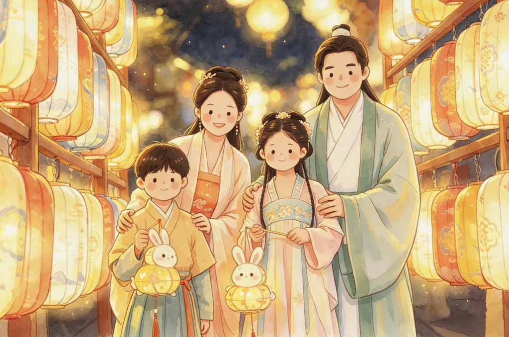 中秋家庭团圆儿童画人物插画