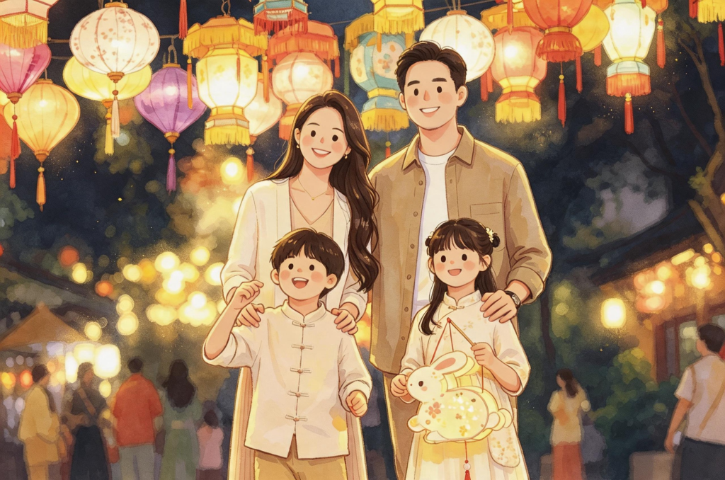 中秋灯会兔子灯中秋节市集亲子儿童人物插画
