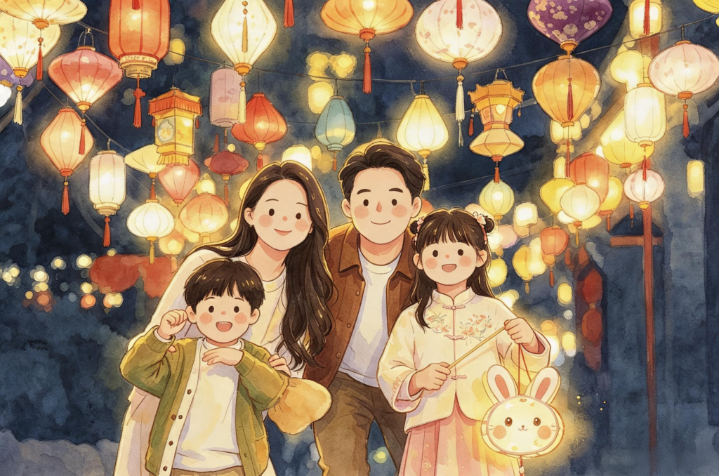 中秋灯会兔子灯中秋节市集亲子儿童人物插画