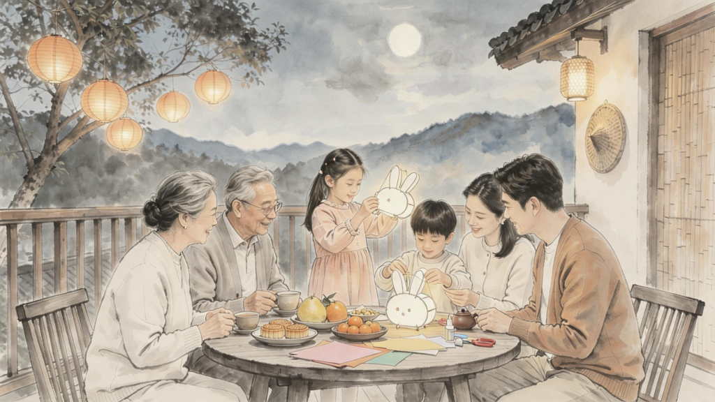 中秋赏月水墨风人物插画
