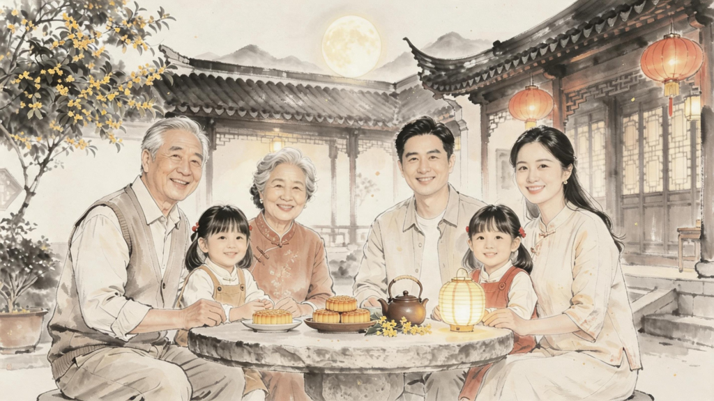 中秋赏月水墨风人物插画
