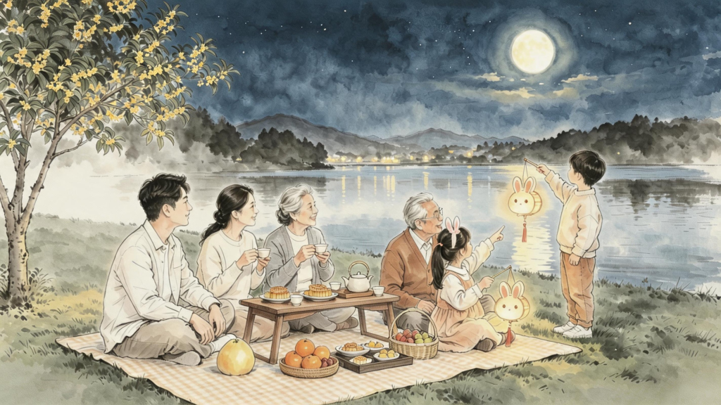 中秋赏月水墨风人物插画