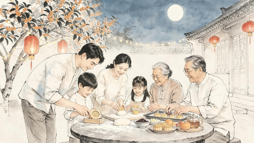 中秋家庭聚会水墨风人物插画