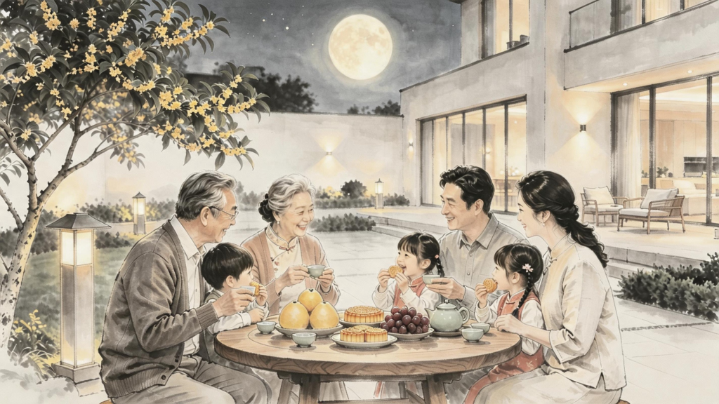 中秋家庭聚会水墨风人物插画
