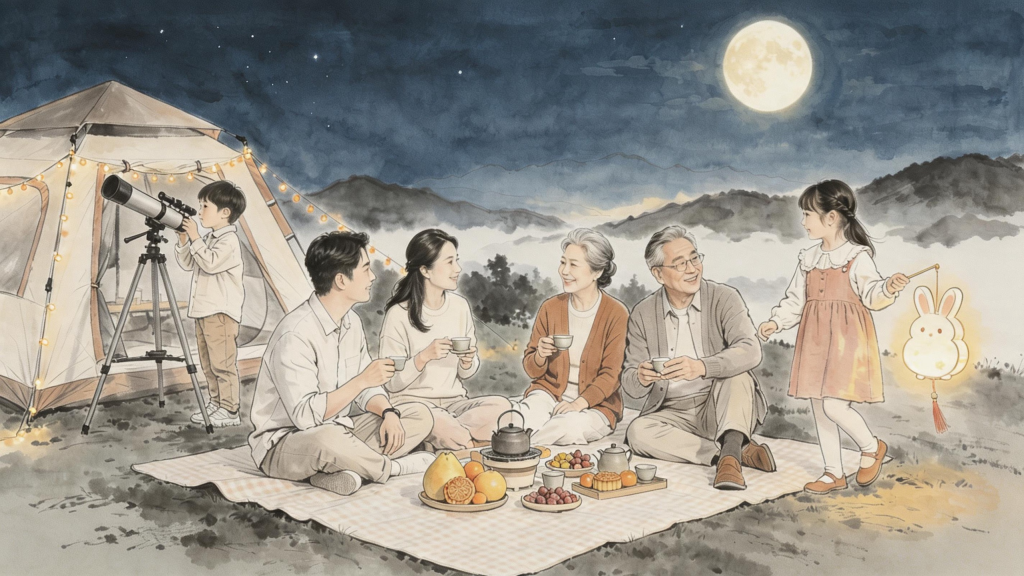 中秋家庭聚会水墨风人物插画