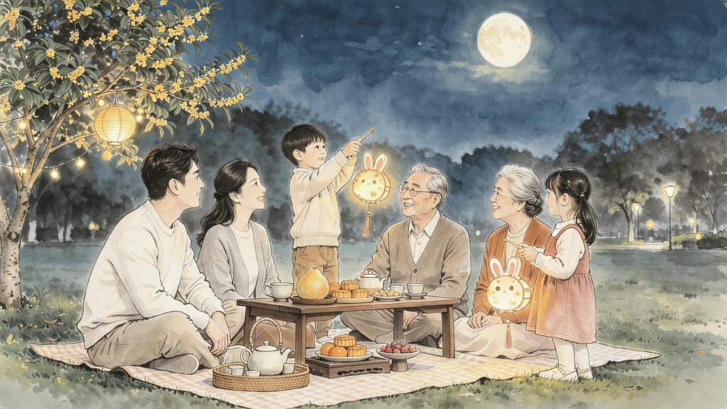 中秋家庭聚会水墨风人物插画