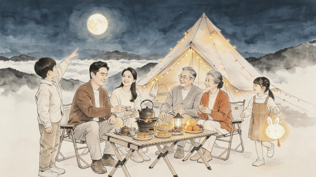 中秋家庭聚会水墨风人物插画
