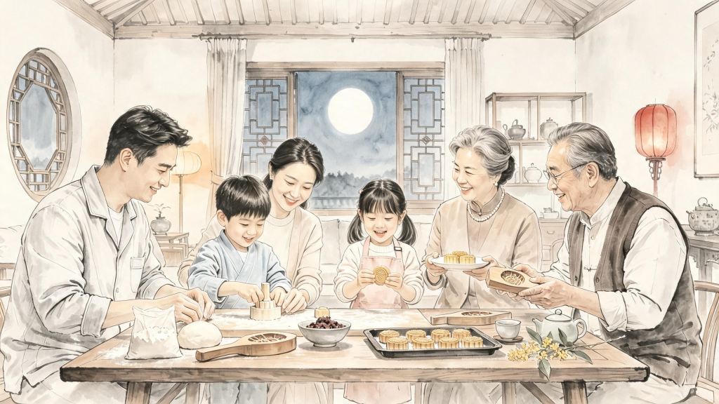 中秋家庭聚会水墨风人物插画