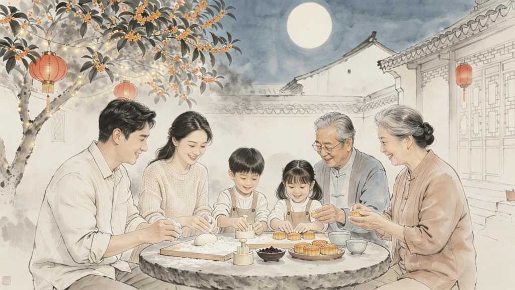 中秋家人赏月制作月饼儿童画人物插画