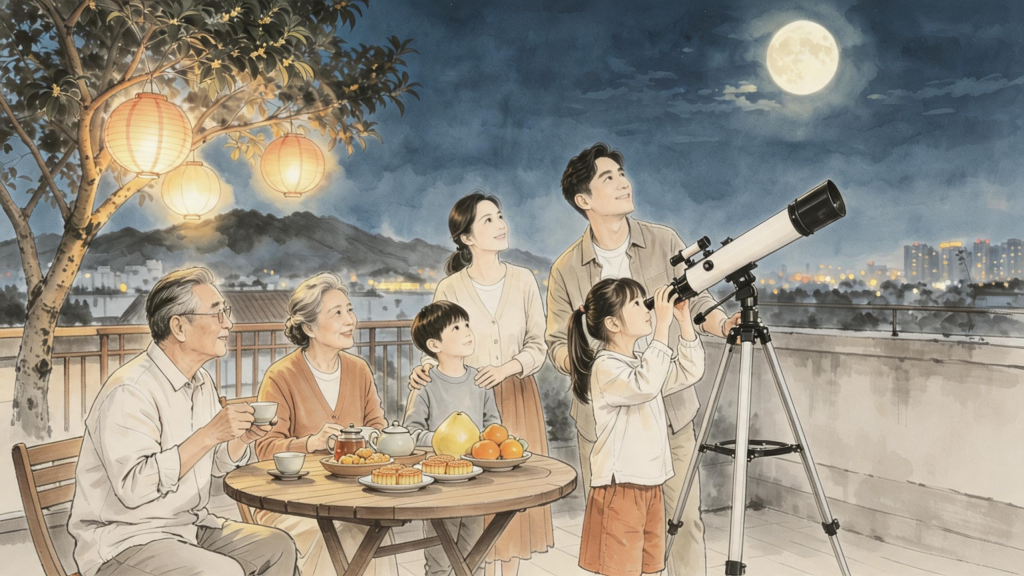 中秋家庭聚会水墨风人物插画