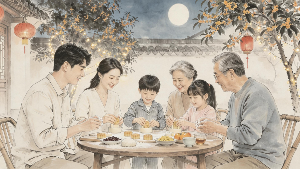 中秋家人赏月制作月饼儿童画人物插画