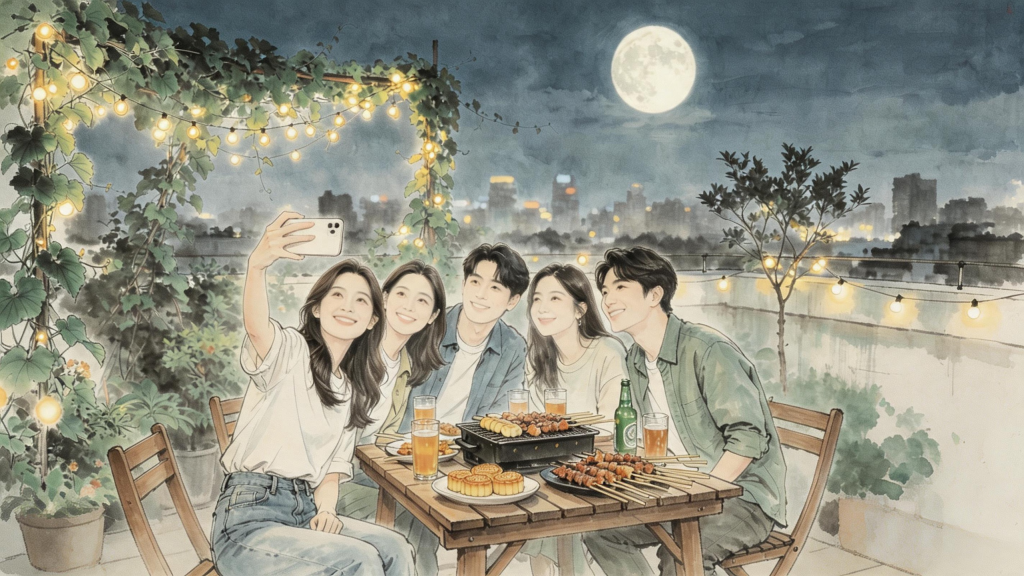 中秋中秋节聚会烧烤赏月自拍水墨风人物插画