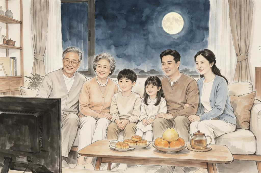 中秋家庭聚会水墨风人物插画